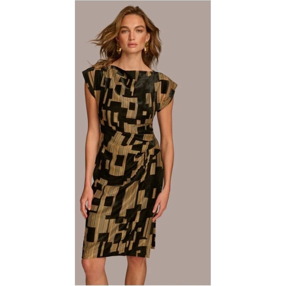 Donnakaran New York Black & Gold Geometric Short Sleeve Midi Dress Size 2 - Picture 3 of 6